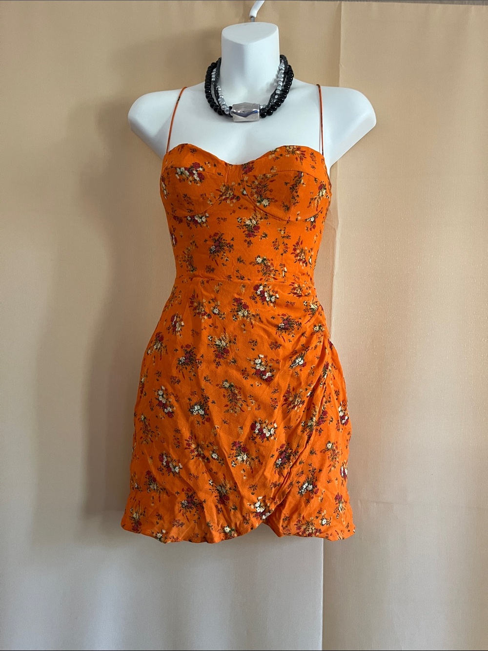 Reformation Orange Floral Spaghetti-Strap Mini Dress